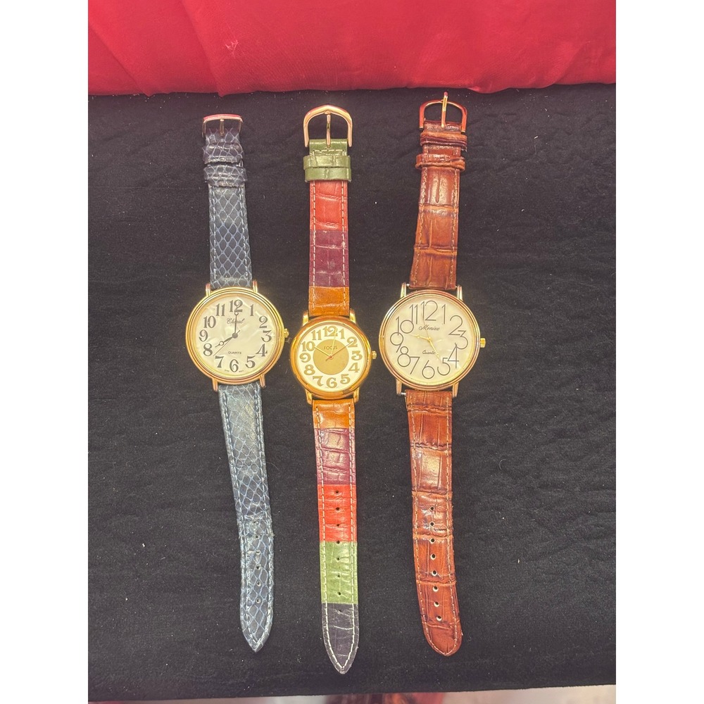Vintage Watch Lot 3pc Moniex Focus Chiral Quartz Leather Straps Untested